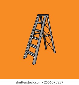 A detailed illustration of a step ladder set against a bold orange background, highlighting its sturdy construction and utility. Ideal for themes related to construction, industrial design.