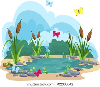 Detailed illustration of summer pond and grass #4