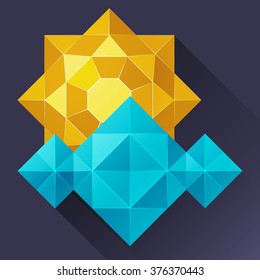 Detailed illustration of the sun & cloud like a crystal. Weather icon. On a dark gray background.