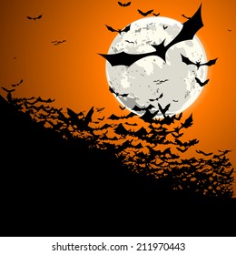 detailed illustration of a swarm of bats in front of a full moon, eps10 vector