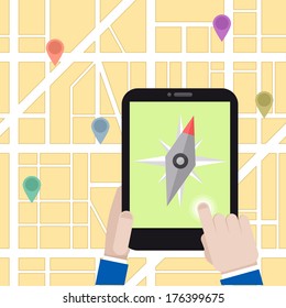 ilustración detallada de un dispositivo de tablet con aplicación de navegación en ejecución frente a un mapa de calles, vector eps10