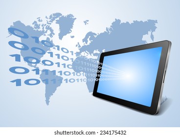 detailed illustration of a tablet computer device in front of the world map and binary numbers coming out of the screen, eps10 vector