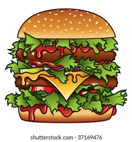 Detailed illustration of a tasty burger that has got it all.