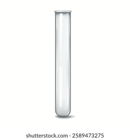 Detailed illustration of a transparent glass test tube showcasing its smooth surface and clear reflective properties. Ideal for scientific and educational purposes.