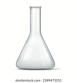 Detailed illustration of a transparent laboratory Erlenmeyer flask with a wide base and a narrow neck used for chemical experiments and laboratory work.