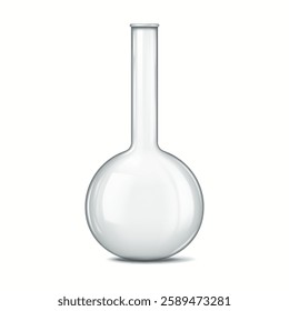 Detailed illustration of a transparent round bottom flask often used in scientific laboratories for holding and mixing chemical solutions featuring a reflective glass surface.