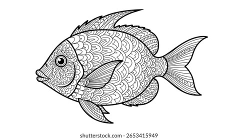 Ilustração detalhada de um peixe tropical com escamas e barbatanas texturizadas para fins educativos ou artísticos