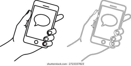 Ilustración detallada de dos manos, una sosteniendo un teléfono móvil negro y la otra un teléfono móvil blanco, sobre un fondo blanco limpio, mostrando un claro contraste entre los estilos rellenos y delineados con