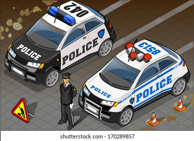 Detailed illustration of a Two Isometric Police Car in Front View