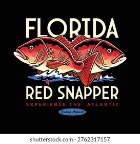 Detailed illustration of two red snapper fishes jumping in the ocean for Florida fishing apparel