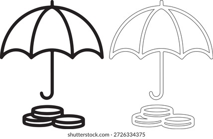 Ilustração detalhada de dois guarda-chuvas, um preto sólido e um estilo de linha pontilhada com duas moedas sob cada um em um fundo branco
