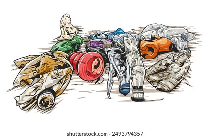 Detailed illustration of a variety of trash items scattered on the ground.