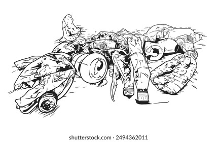 Detailed illustration of a variety of trash items scattered on the ground.