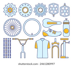 Detailed illustration of various bicycle parts including wheels, pedals, chain, gears, and handlebars.