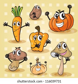 detailed illustration of  various vegetables on checkered background