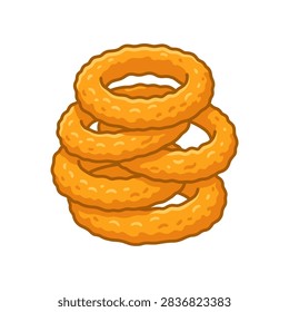 A detailed illustration of a vertical stack of four crispy golden brown breaded onion rings isolated on a white background