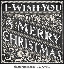 Detailed illustration of a Vintage Merry Christmas and Happy New Year Text on a Blackboard 