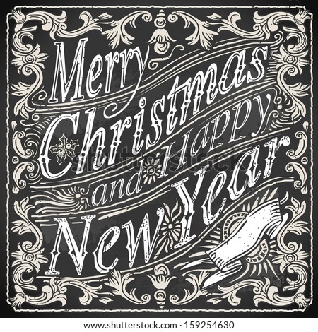 detailed illustration of a vintage merry christmas and happy new year text on a blackboard - Vintage Merry Christmas detailed illustration of a vintage merry christmas and happy new year text on a blackboard - Vintage Merry Christmas