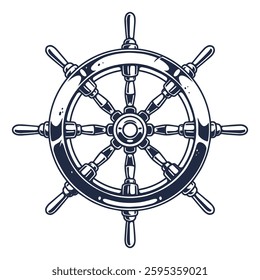 A detailed illustration of a vintage ship wheel featuring eight spokes and a central hub. This design captures the essence of maritime themes and would fit well in nautical-themed decor or branding.