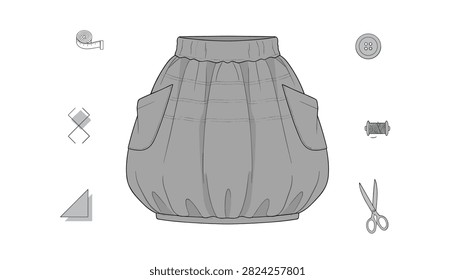 Detailed illustration of a voluminous skirt surrounded by sewing equipment like scissors, buttons, and measuring tape.
