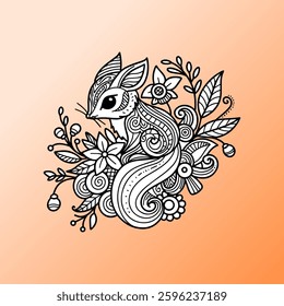 Detailed illustration of a whimsical fox surrounded by flowers and leaves on an orange background