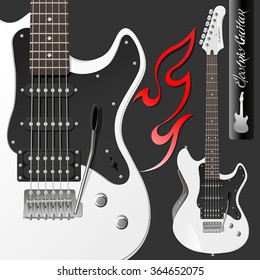 The detailed illustration of a white electric guitar with the author's original design and decorative inscription "Electric guitar" is not a trademark