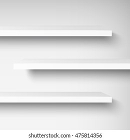 Detailed illustration of white shelves with light from the front. Illustration of shelves for your presentation. Mockup for your design, shop, exposition. Vector EPS10.