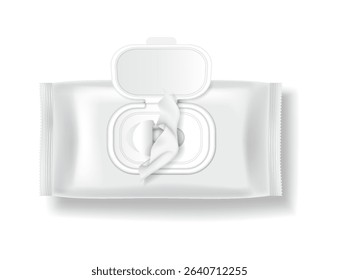 Detailed illustration of white wet wipe packaging. Realistic design in monochrome colors. Ideal for hygiene products and branding templates.