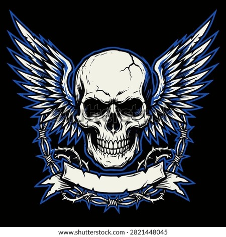 A detailed illustration of a winged skull with sharp barbed wire