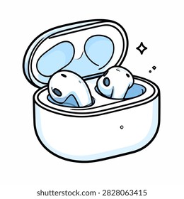 A detailed illustration of wireless earbuds placed inside an open charging case, showcasing modern audio technology and portable design.
