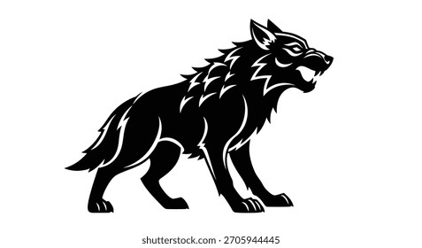 Una ilustración detallada de un lobo en una pose dinámica, mostrando su naturaleza agresiva y características afiladas.