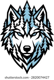 Detailed illustration of a wolf's head surrounded by pine trees in a stylized design
