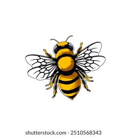 Detailed illustration of a yellow and black bee in flight with a curved path, perfect for nature-themed designs, beekeeping content, or educational materials on insects