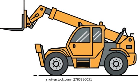 Detailed illustration of a yellow telescopic handler, also known as a telehandler, featuring an extended boom and forks, commonly used in construction and agriculture.