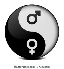 detailed illustration of yin yang symbol with gender icons, symbol for gender equality