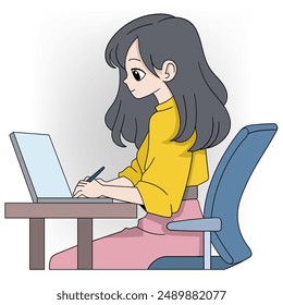 A detailed illustration of a young woman with long black hair, sitting at a desk and working on a laptop with a stylus pen.