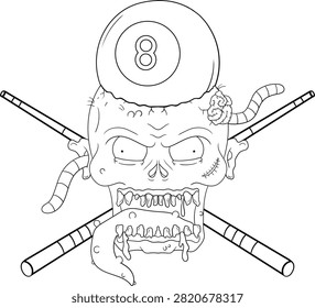 A detailed illustration of a zombie skull with an 8 ball on its head and worms emerging from its eye sockets, with crossed pool cues behind it.