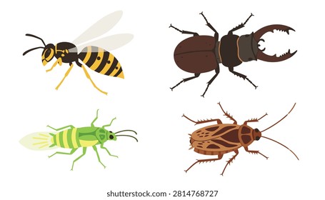 Detailed illustrations of common garden insects including a wasp, stag beetle, and various ground crawling creatures.