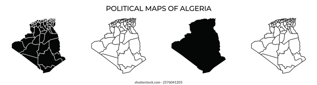 Detailed illustrations depict the political maps of Algeria, focusing on the countrys regional divisions and territorial boundaries, highlighting geographic areas in different styles.