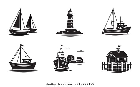 Detailed illustrations of ships sailing by lighthouse and harbor wooden house structures in vector style.