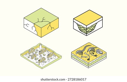 Detailed illustrations showcase various geological layers containing fossils and diverse plant life.