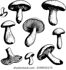 Detailed Illustrations of Various Mushrooms, Mushroom doodles