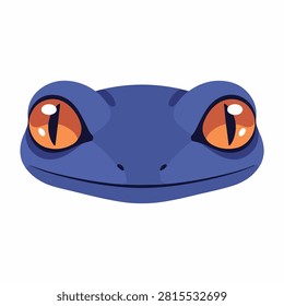 Detailed image of a blue frogs face highlighting vibrant orange eyes and smooth skin texture, isolated from background.