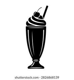 A detailed image of a classic milkshake in a tall glass topped with whipped cream, cherry, and a straw, showcasing a delicious dessert beverage.