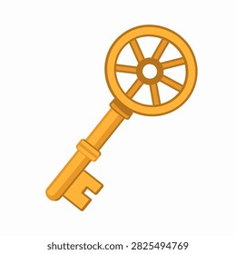 A detailed image of a golden key featuring a circular wheel at the top, symbolizing security, access, and unlocking mechanisms.