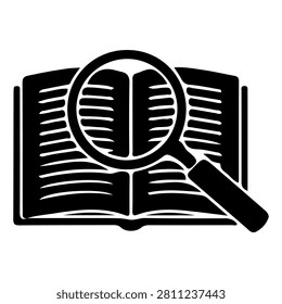 A detailed image of an open book with a magnifying glass, symbolizing research, study, and detailed examination.