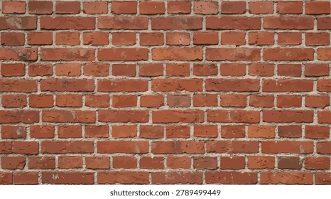 A detailed image of a red brick wall with gray mortar, featuring bricks of different shades and textures, arranged in a staggered pattern