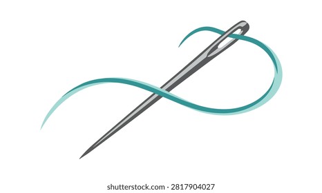 Detailed image of a sewing needle and turquoise thread with fabric background suitable for sewing crafting tailoring and textile projects