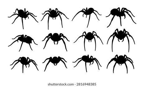 A detailed image showcasing ten black ants in various positions on a plain white background, highlighting their anatomy and movement.