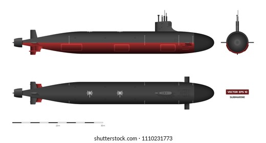 Detailed image of submarine. Military ship. Top, front and side view. Battleship model. Industrial drawing. Warship in realistic style. Vector illustration